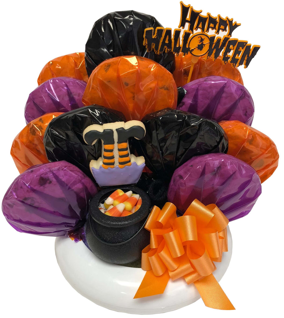 This adorable bouquet of twelve assorted gourmet cookies, witch legs cutout and a cauldron filled with candy corn makes a bewitching gift for Halloween. 