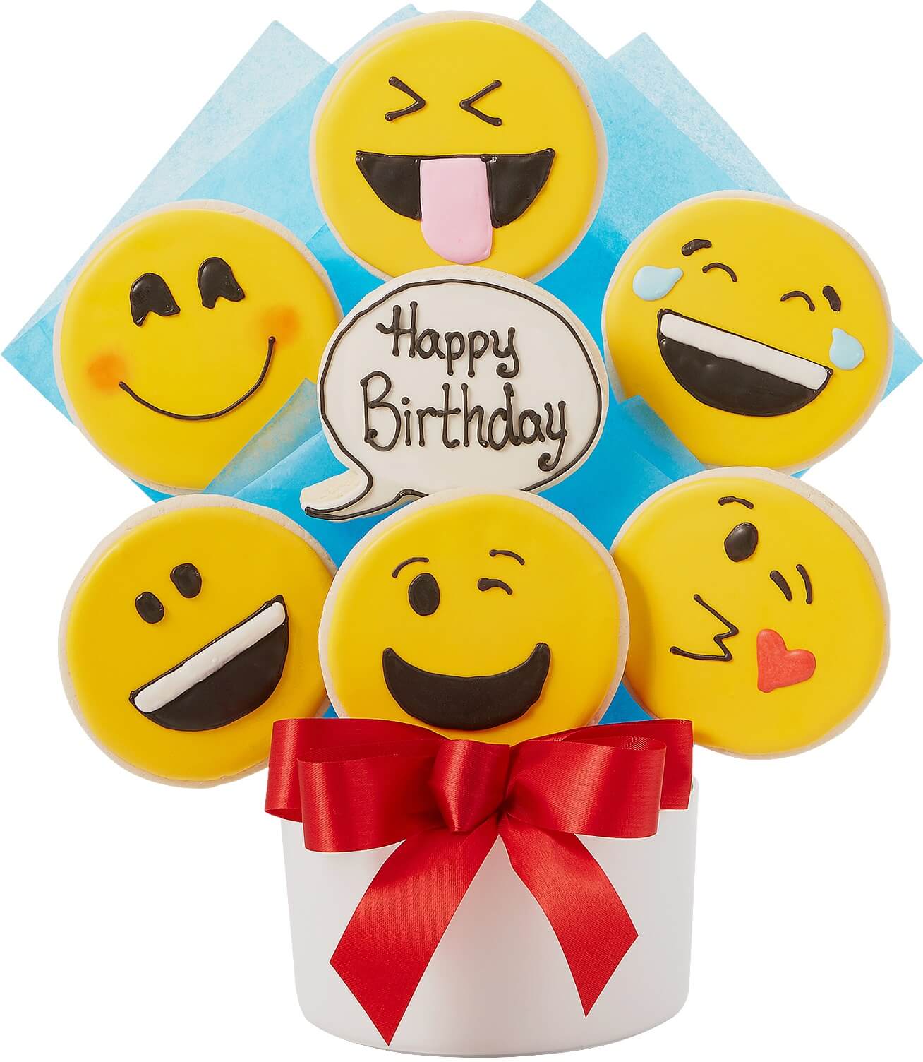 Happy Birthday Emoji Cutout Cookie Bouquet.